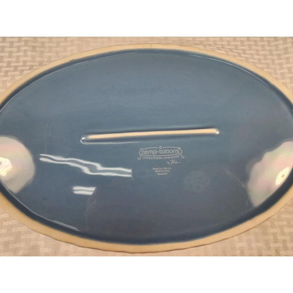 Temptations Blue Bouquet 2 Quart Oval Serving Bowl + Trivit & Carrying Retired